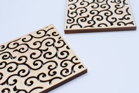 Hinoki coaster with auspicious pattern arabesque pattern