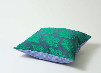 Cushion cover green flower × blue stripe L