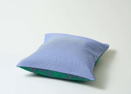 Cushion cover green flower × blue stripe L