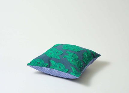 Cushion cover green flower × blue stripe M