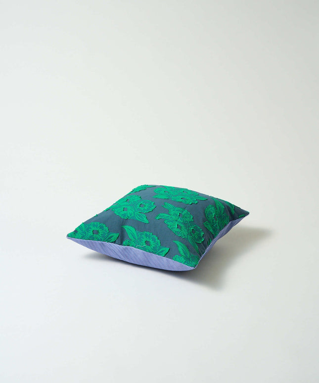 Cushion cover green flower × blue stripe M