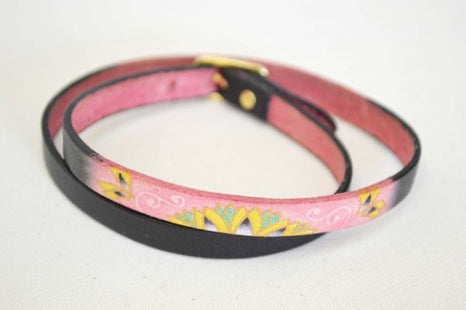 Hand-painted Yuzen Leather Bangle Cherry Blossom Arabesque Black