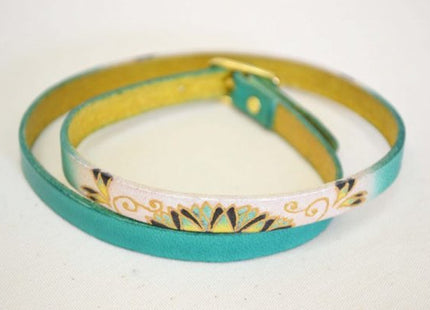 Hand-painted Yuzen leather bangle cherry arabesque emerald