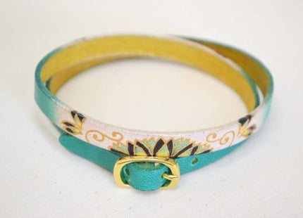 Hand-painted Yuzen leather bangle cherry arabesque emerald