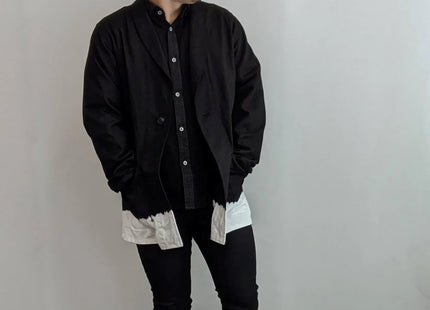 Hiroshima denim black dyed shawl collar jacket Susonokoshi dead stock fabric Nagoya black crest dyed