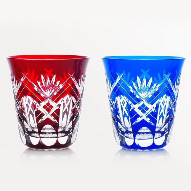 Pair of shochu glasses with stacked swords